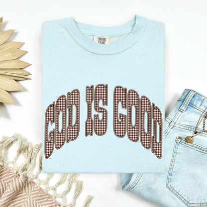 God is good gingham clear film screen print