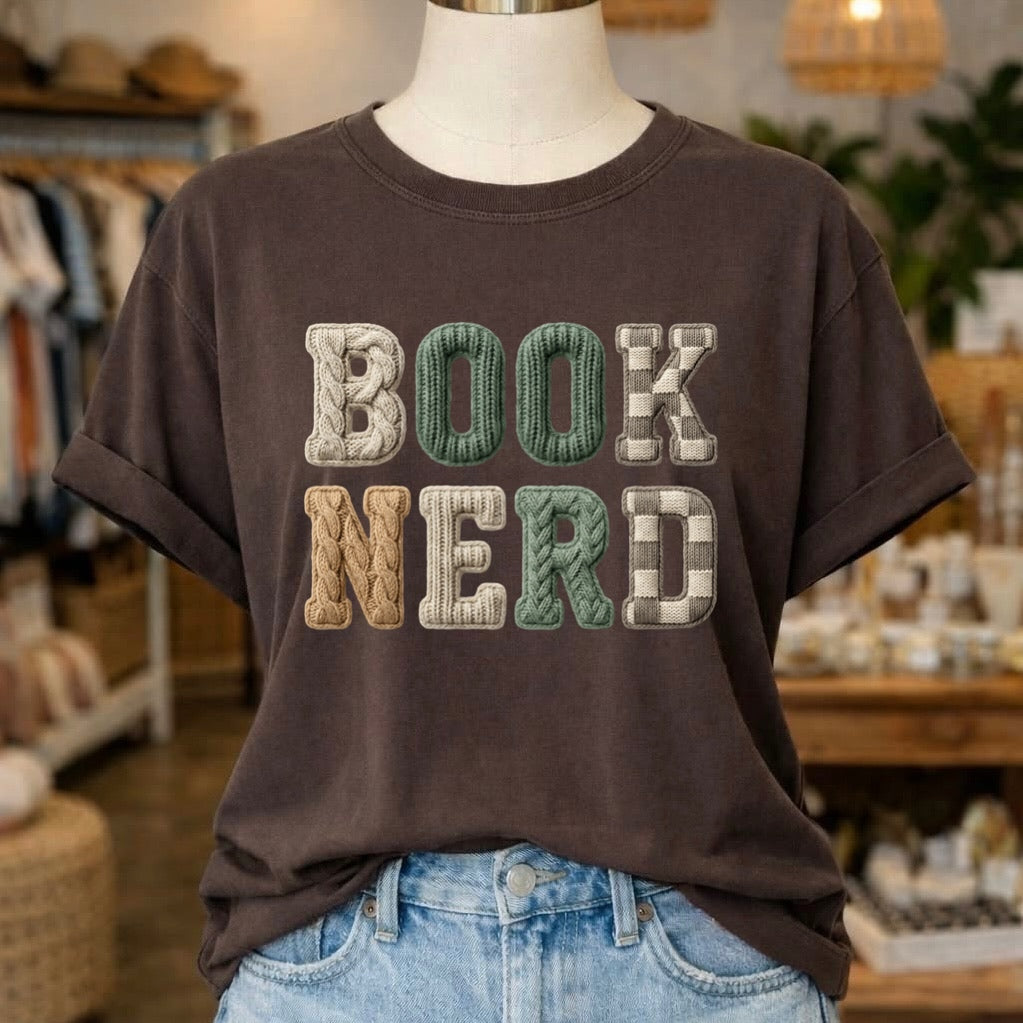 Book Nerd faux yarn clear film screen print