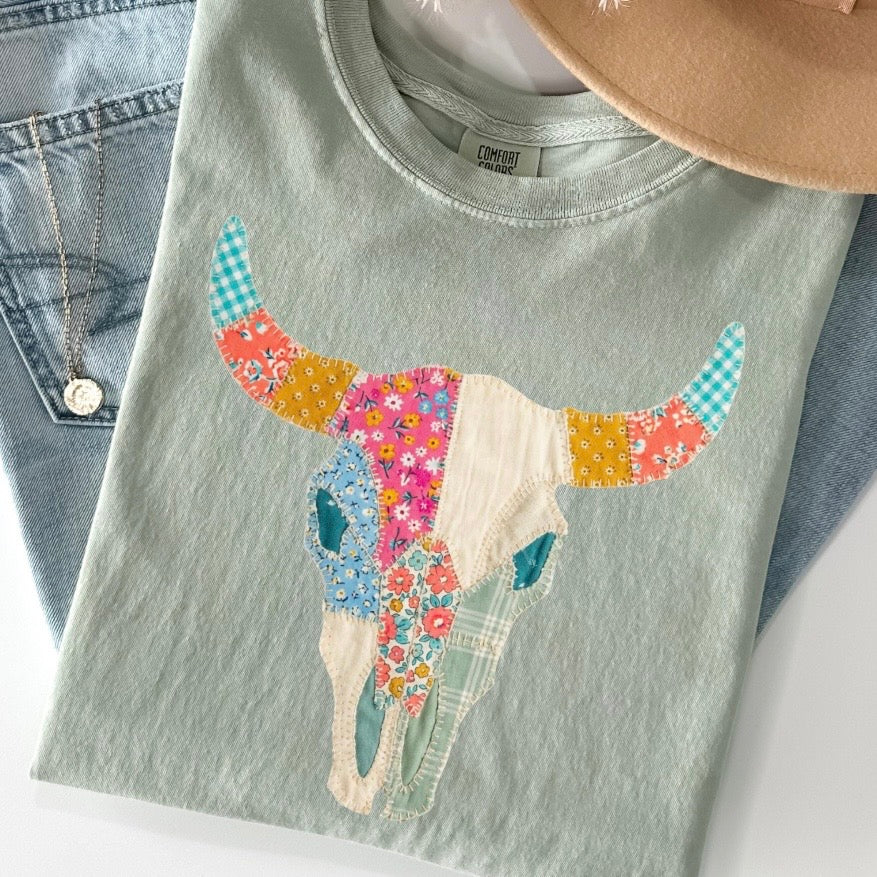 patchwork bull skull clear film screen print