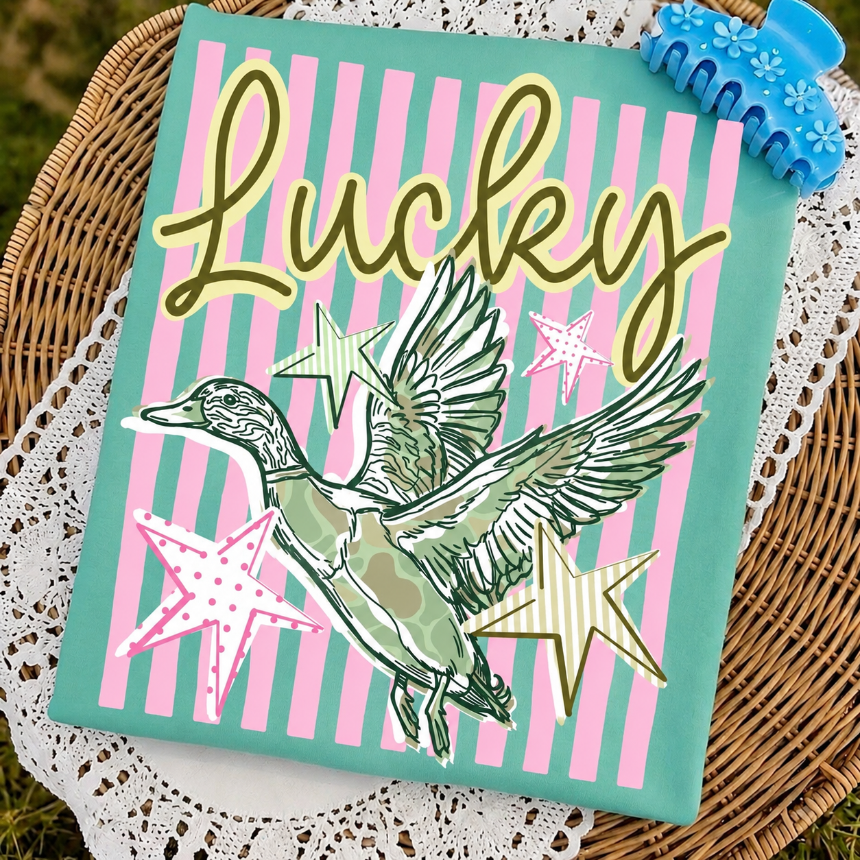 Lucky Duck clear film screen print