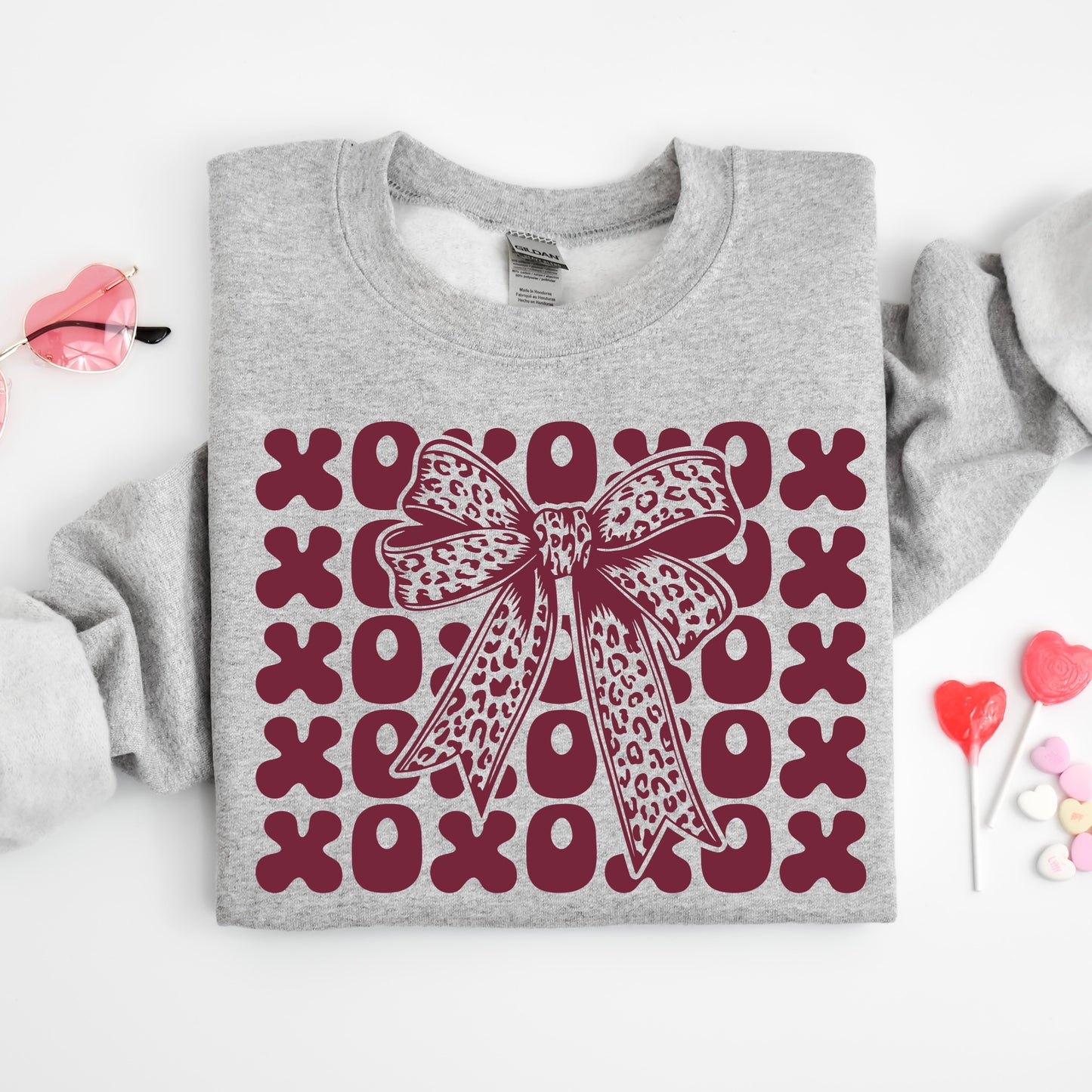 Burgundy XOXO bow screen print transfer