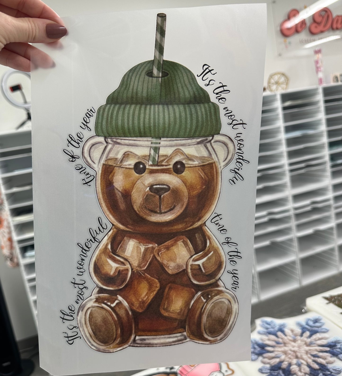 coffee tumbler teddy bear clear film screen print