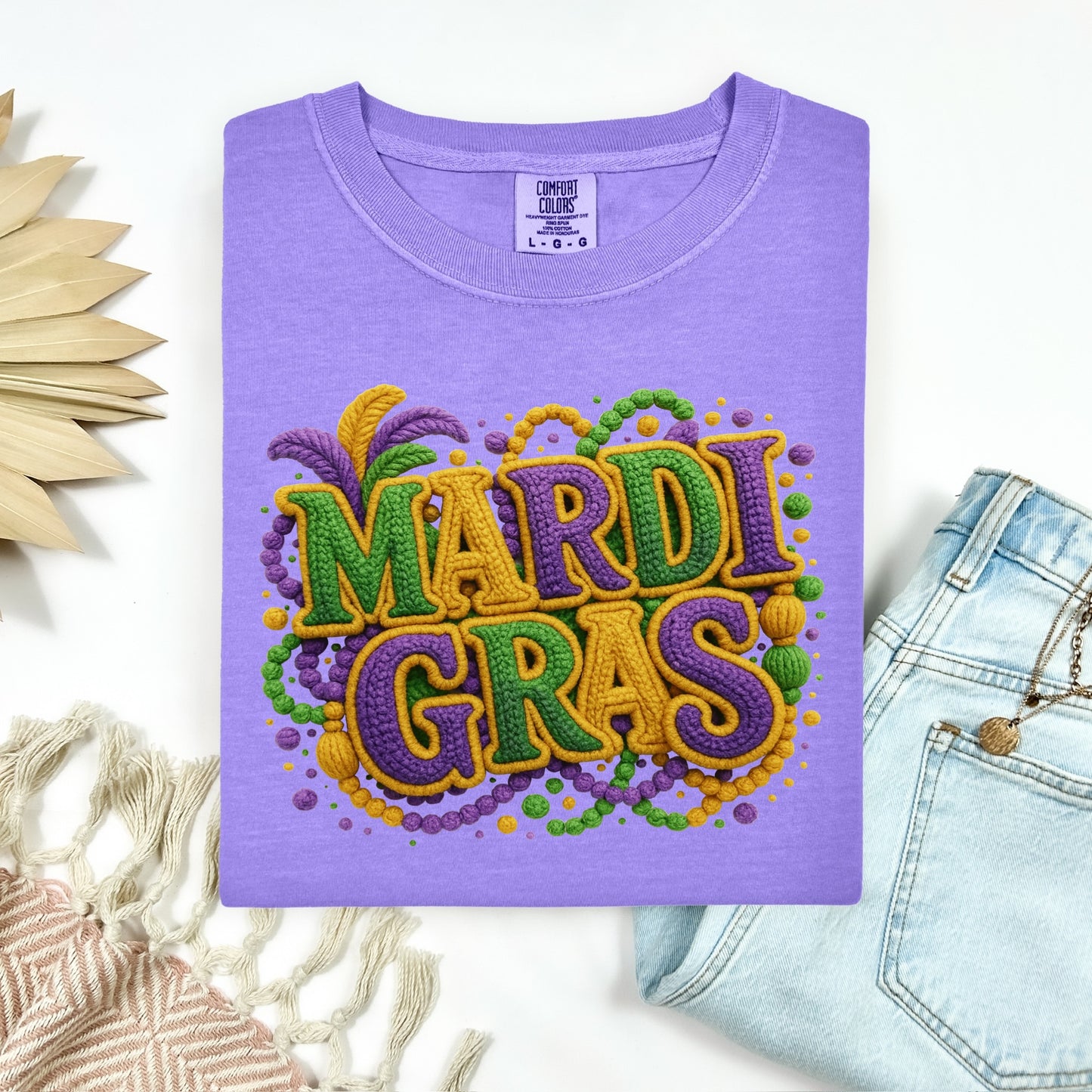 Mardi Gras faux yarn clear film screen print