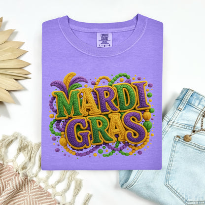 Mardi Gras faux yarn clear film screen print