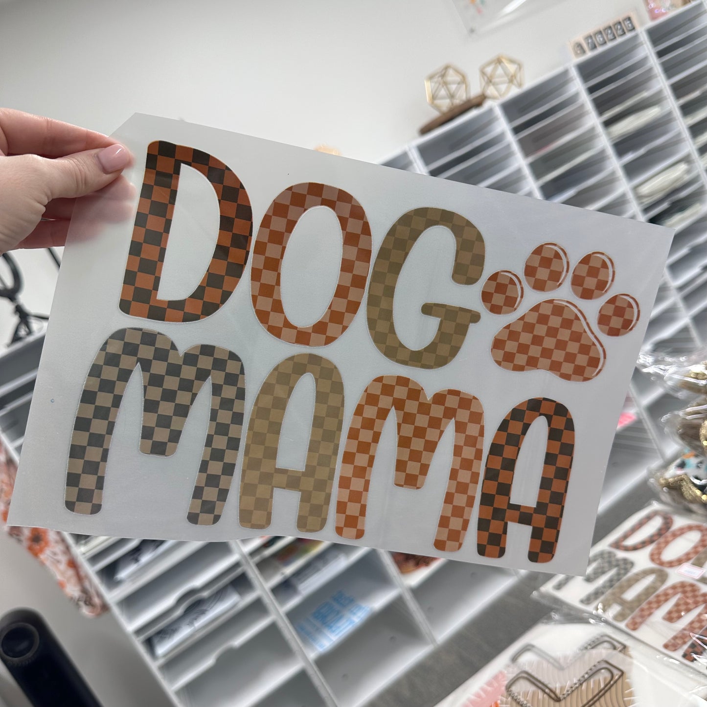 checkered dog mama clear film screen print