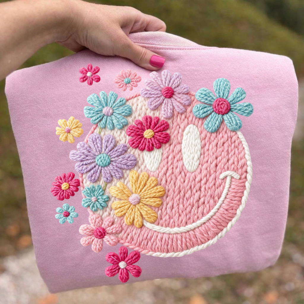 floral smile faux yarn clear film screen print