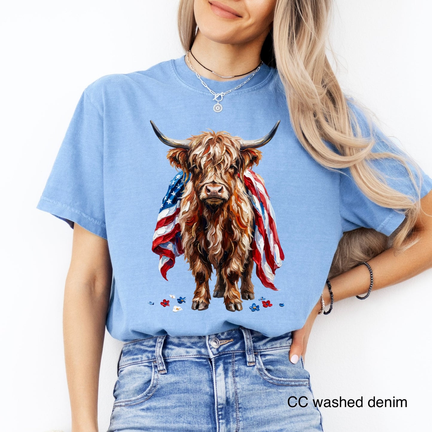 american flag highland cow clear film screen print
