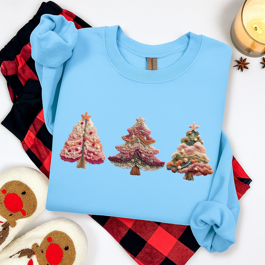 pink christmas trees faux yarn clear film screen print