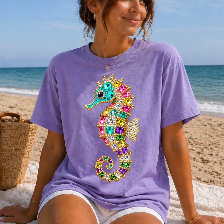 gemstone seahorse clear film screen print