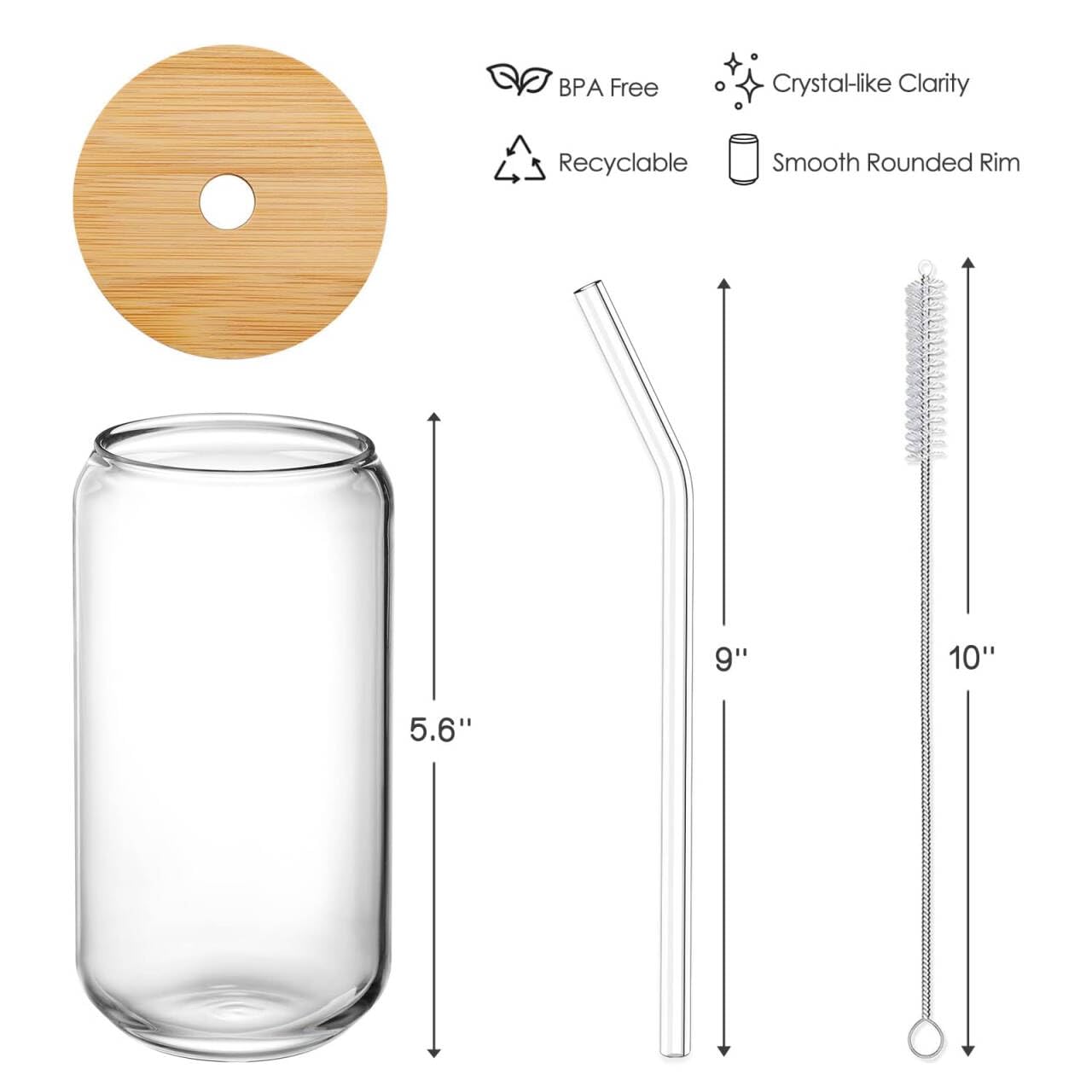Drinking Glasses with Bamboo Lids and Glass Straw 4pcs Set - 16oz Glass Cups, Iced Coffee Glasses