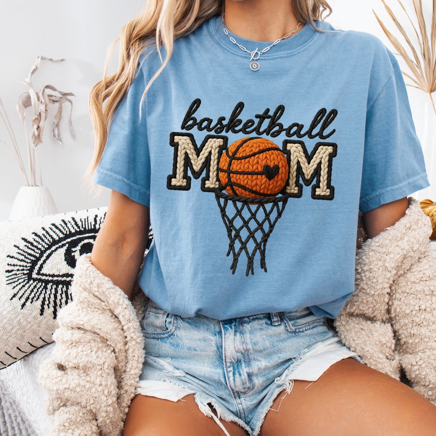 Basketball mom faux yarn clear film screen print