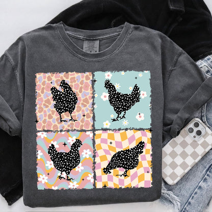 retro chickens clear film screen print