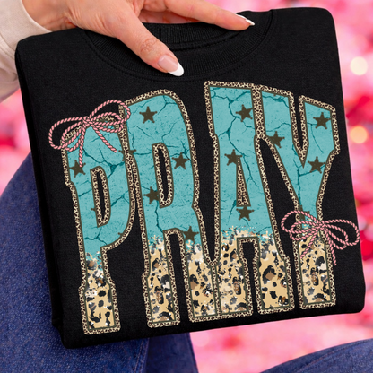 PRAY turquoise & leopard clear film screen print