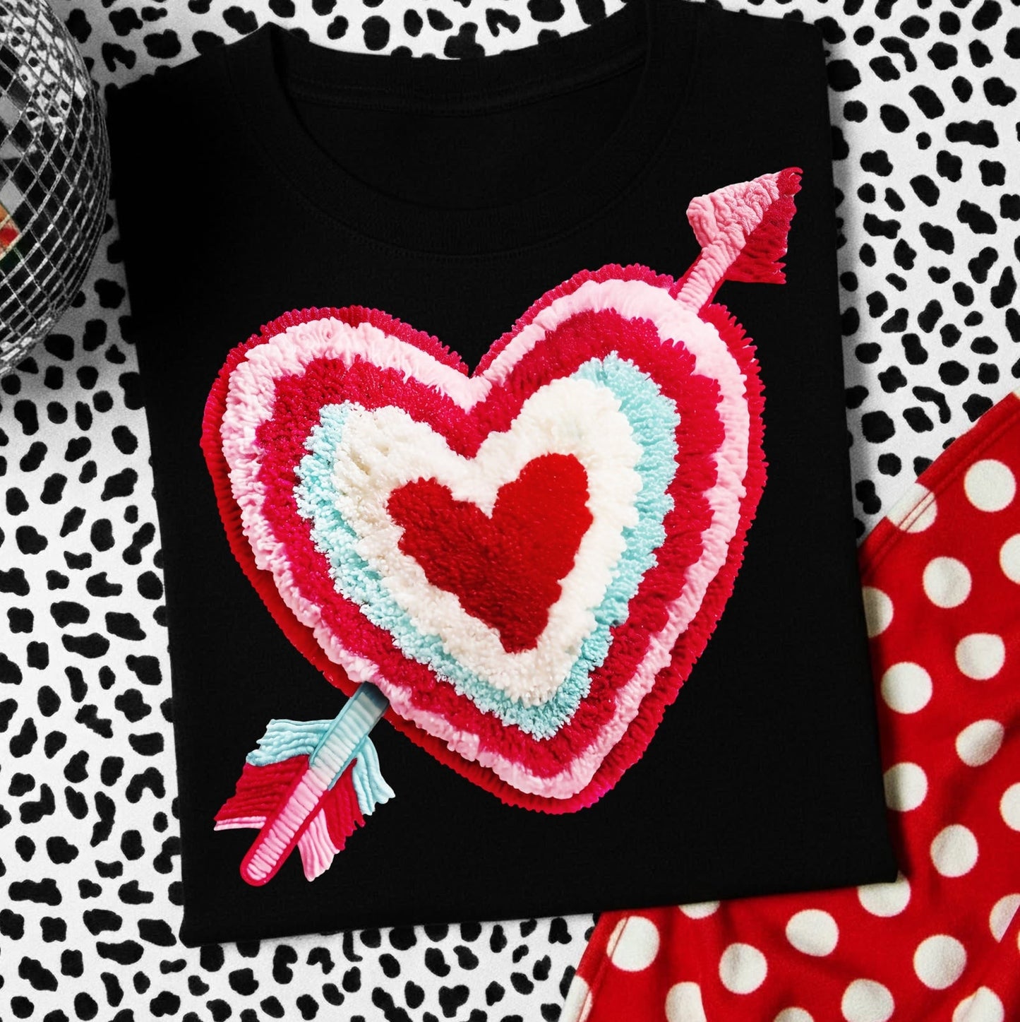 Fluffy faux yarn heart clear film screen print