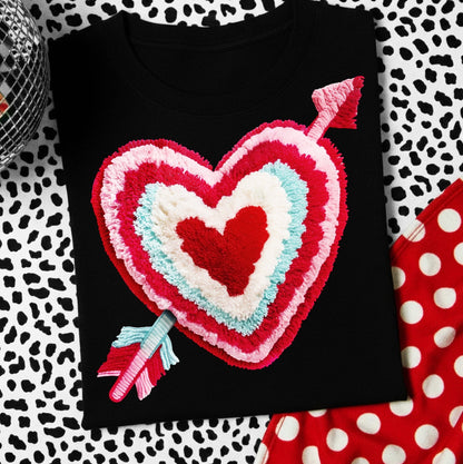 Fluffy faux yarn heart clear film screen print