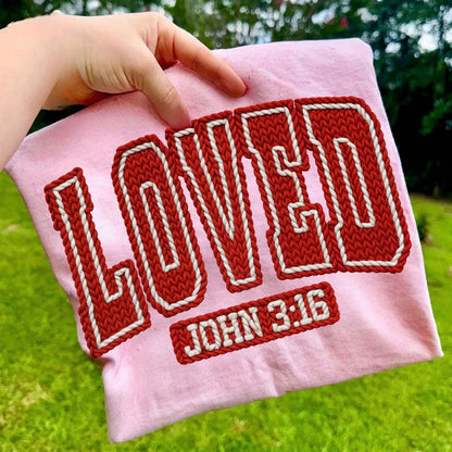 Loved faux yarn john 3:16 clear film screen print