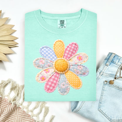 patchwork daisy clear film screen print