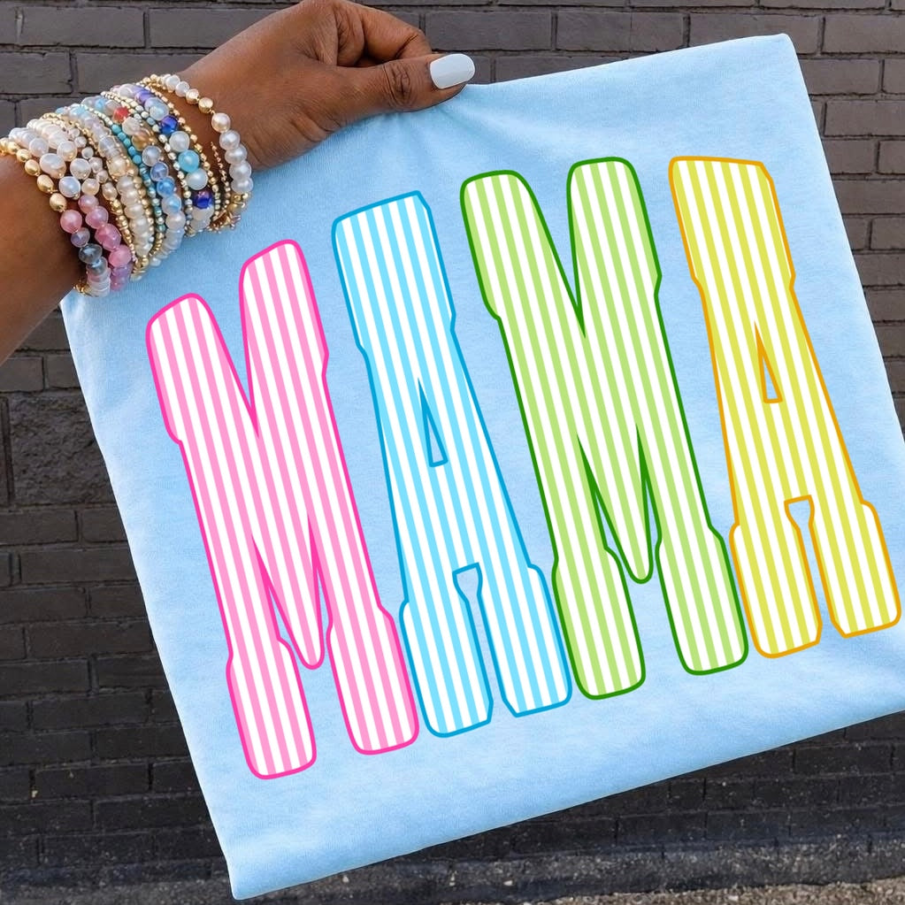 striped MAMA clear film screen print
