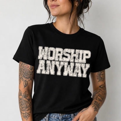 beige ink WORSHIP ANYWAY screen print transfer•