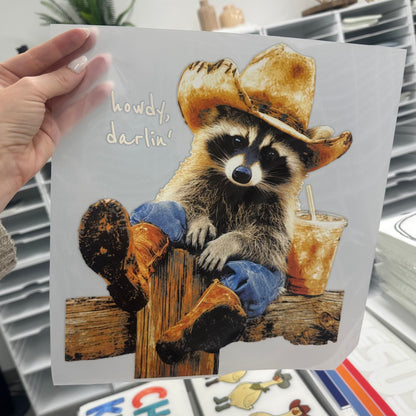 howdy darlin' raccoon clear film screen print