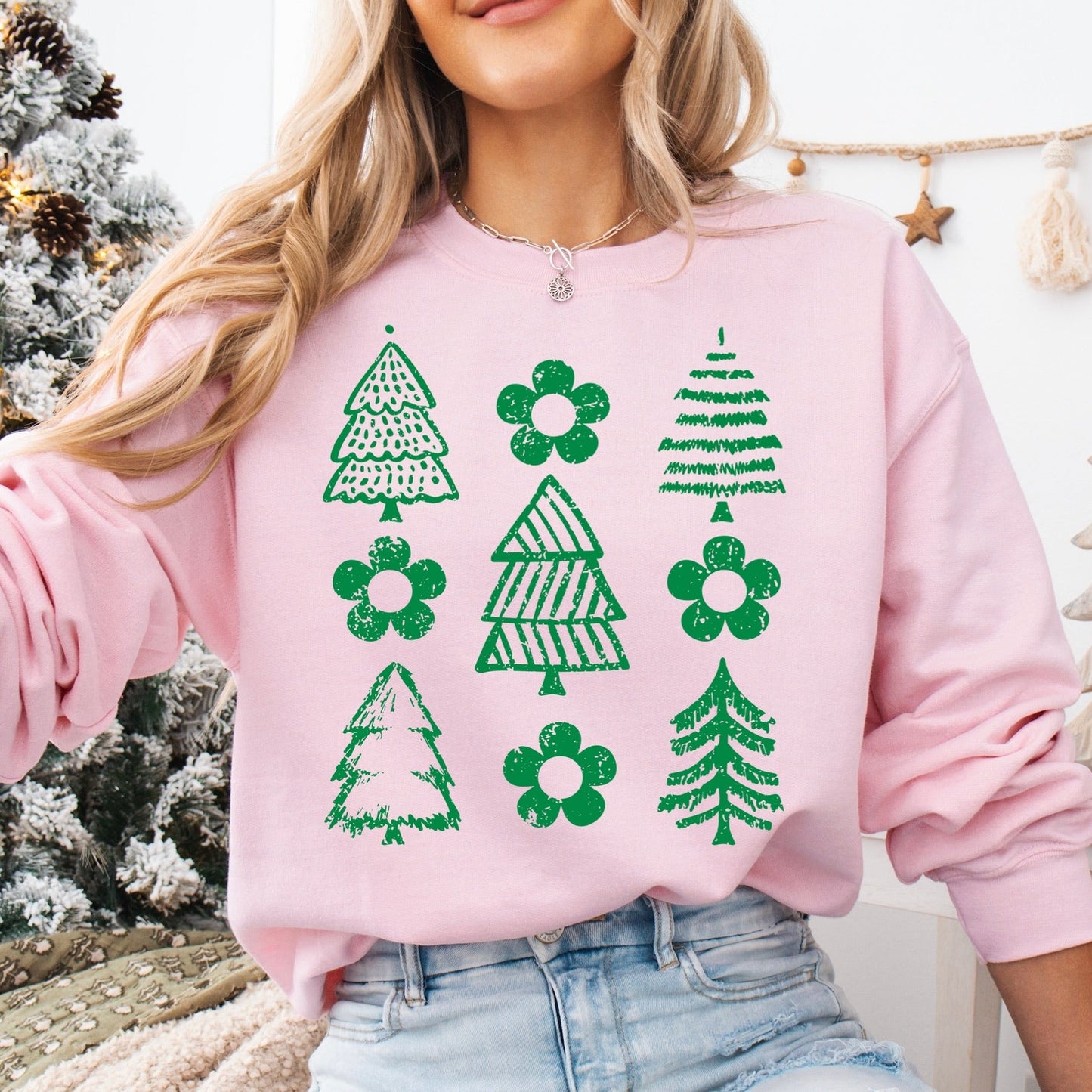 retro christmas trees green screen print transfer