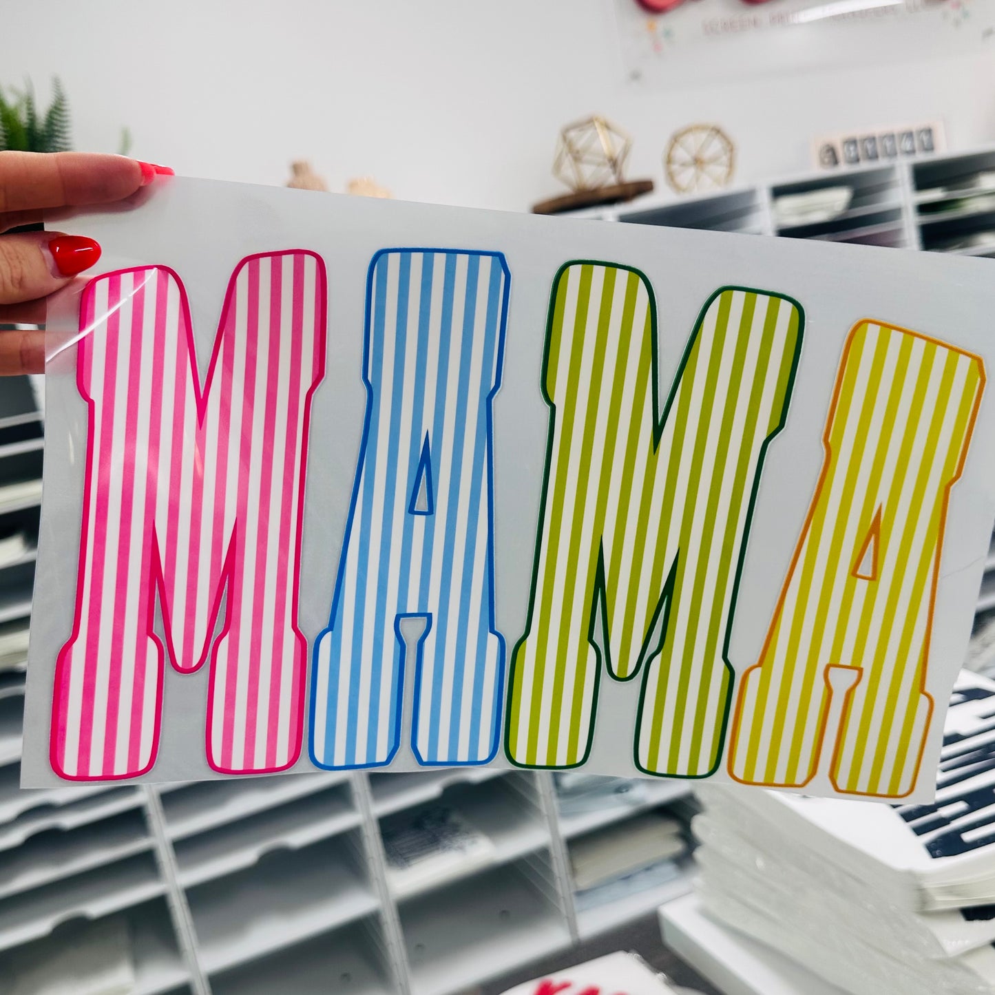 striped MAMA clear film screen print