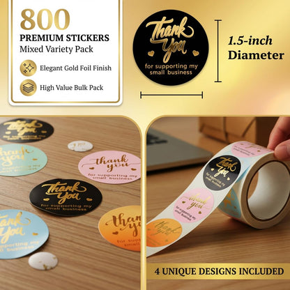 800 Thank You Stickers, 1.5" Round Labels, 5 Designs, Multicolor