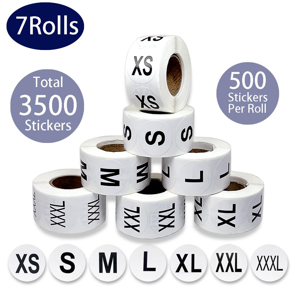 3500 Pcs Clothing Size Stickers, 1 Inch Round Self Adhesive, 7 Sizes XS-S-XXXL for T Shirts (Black)