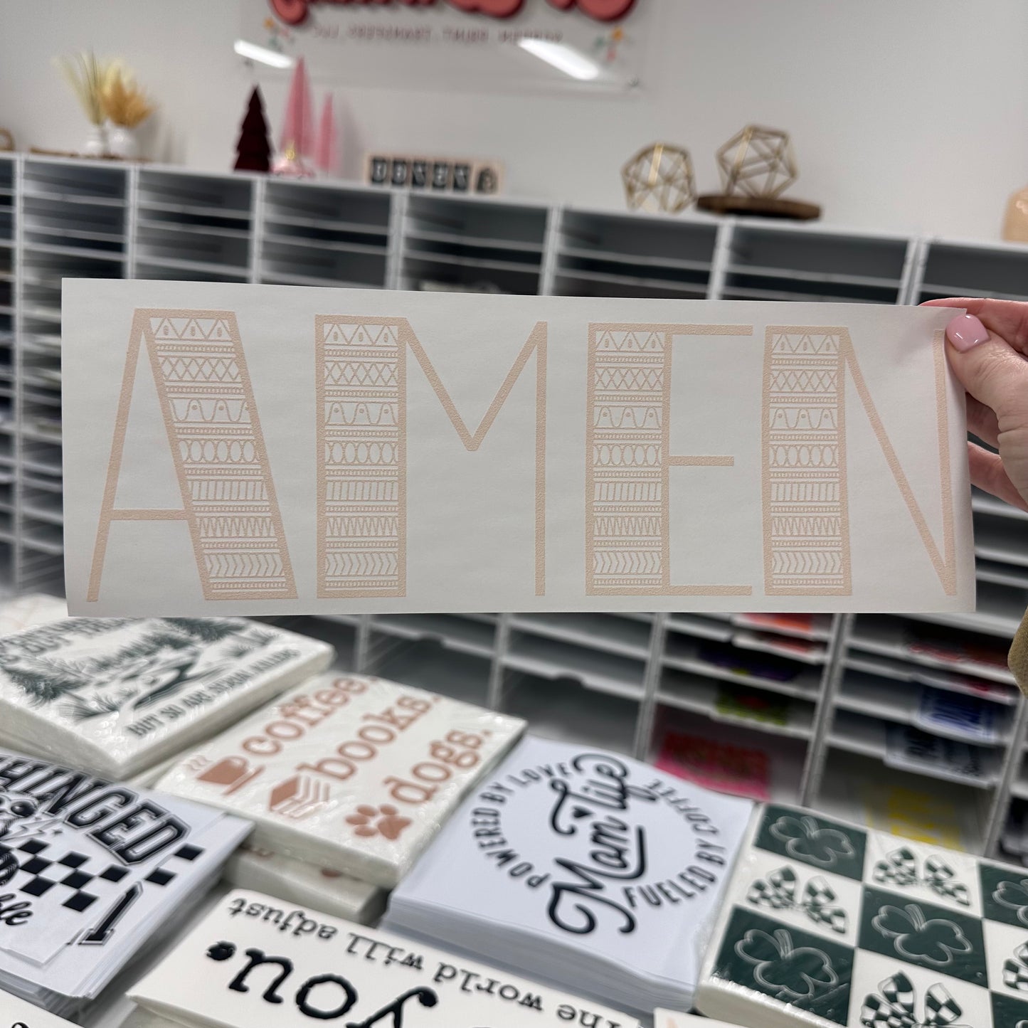 AMEN beige ink screen print transfer