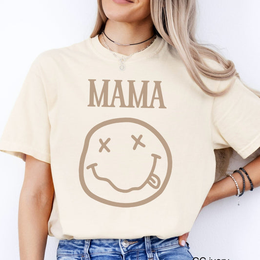 mama smile face tan ink screen print transfer