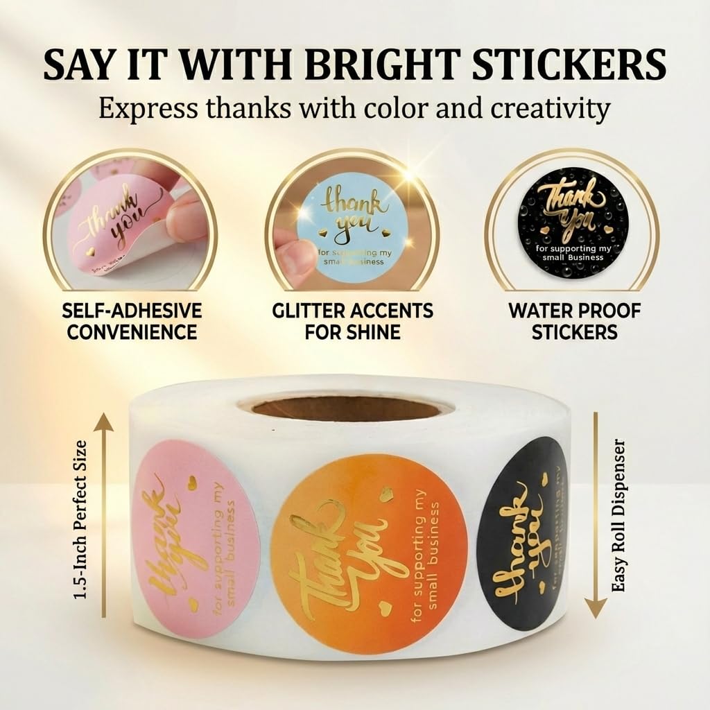 800 Thank You Stickers, 1.5" Round Labels, 5 Designs, Multicolor