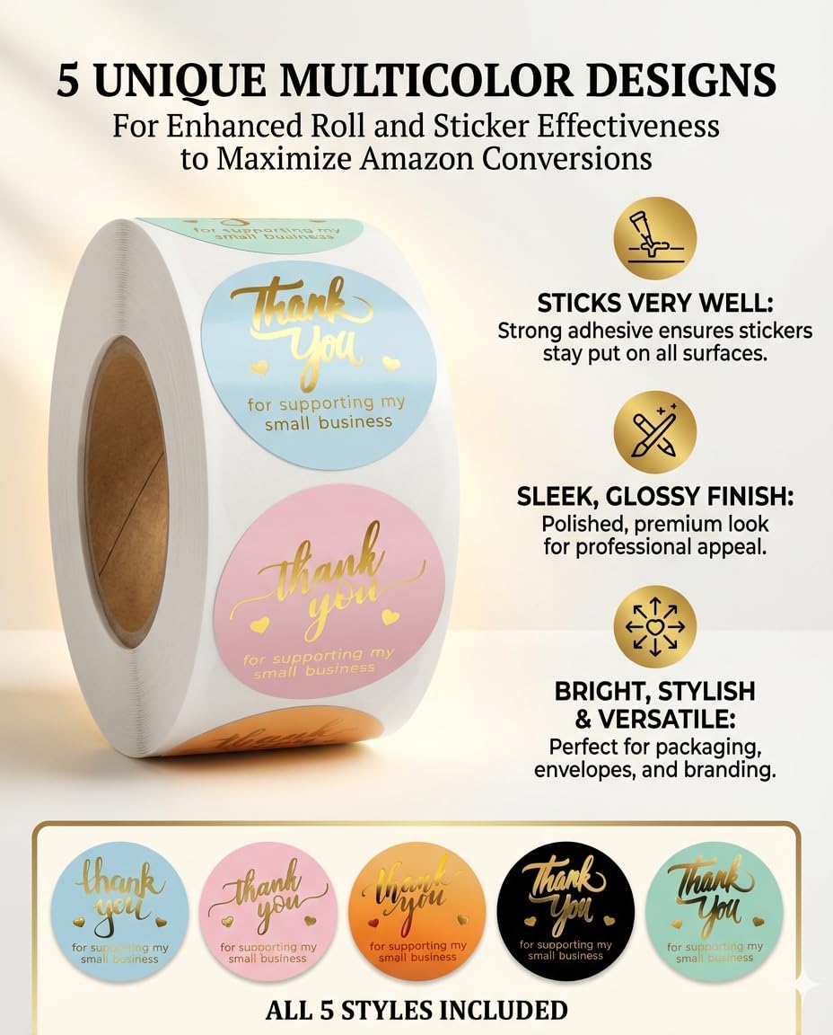 800 Thank You Stickers, 1.5" Round Labels, 5 Designs, Multicolor