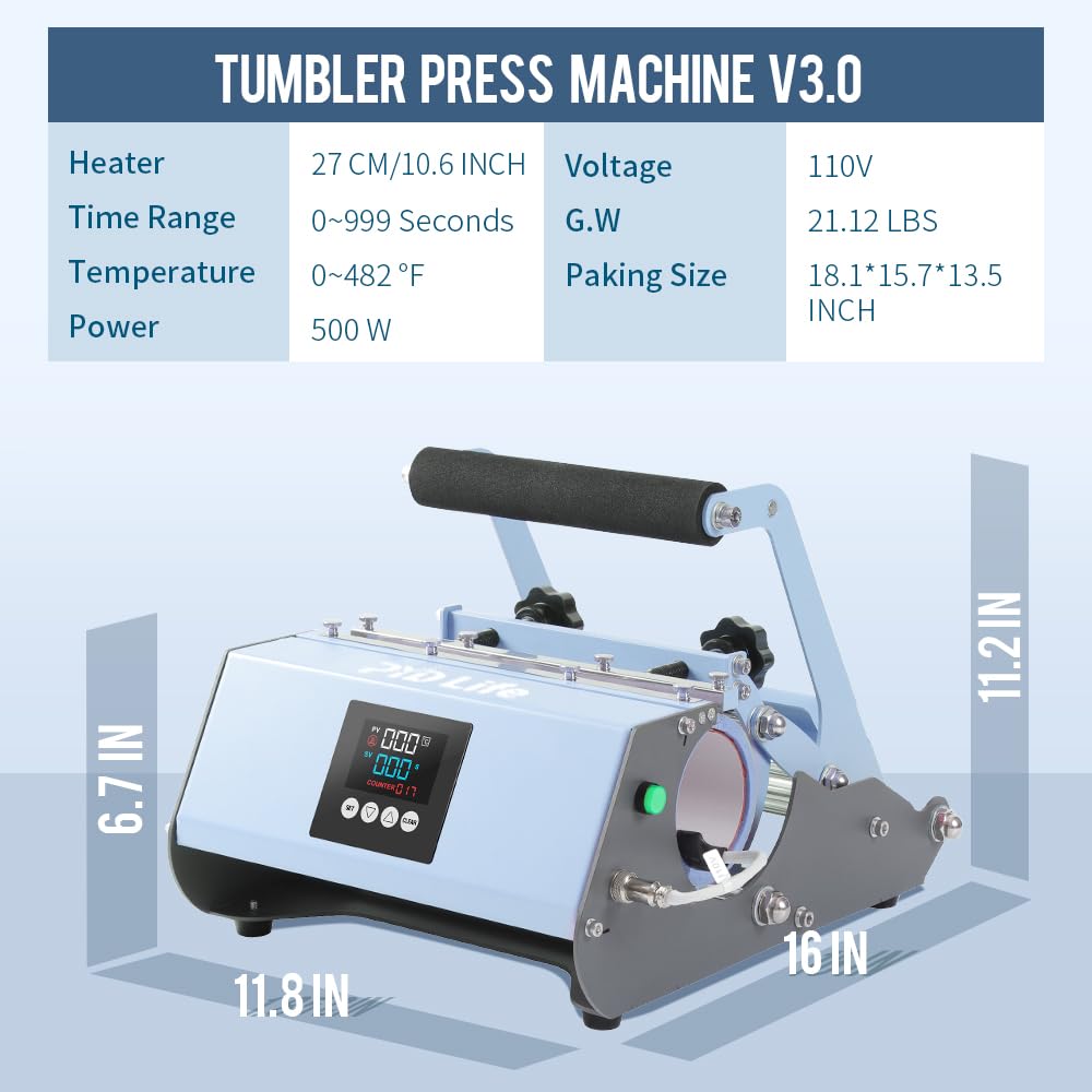 PYD Life 30 OZ 20 OZ Tumbler Heat Press Machine 110 V Light Blue