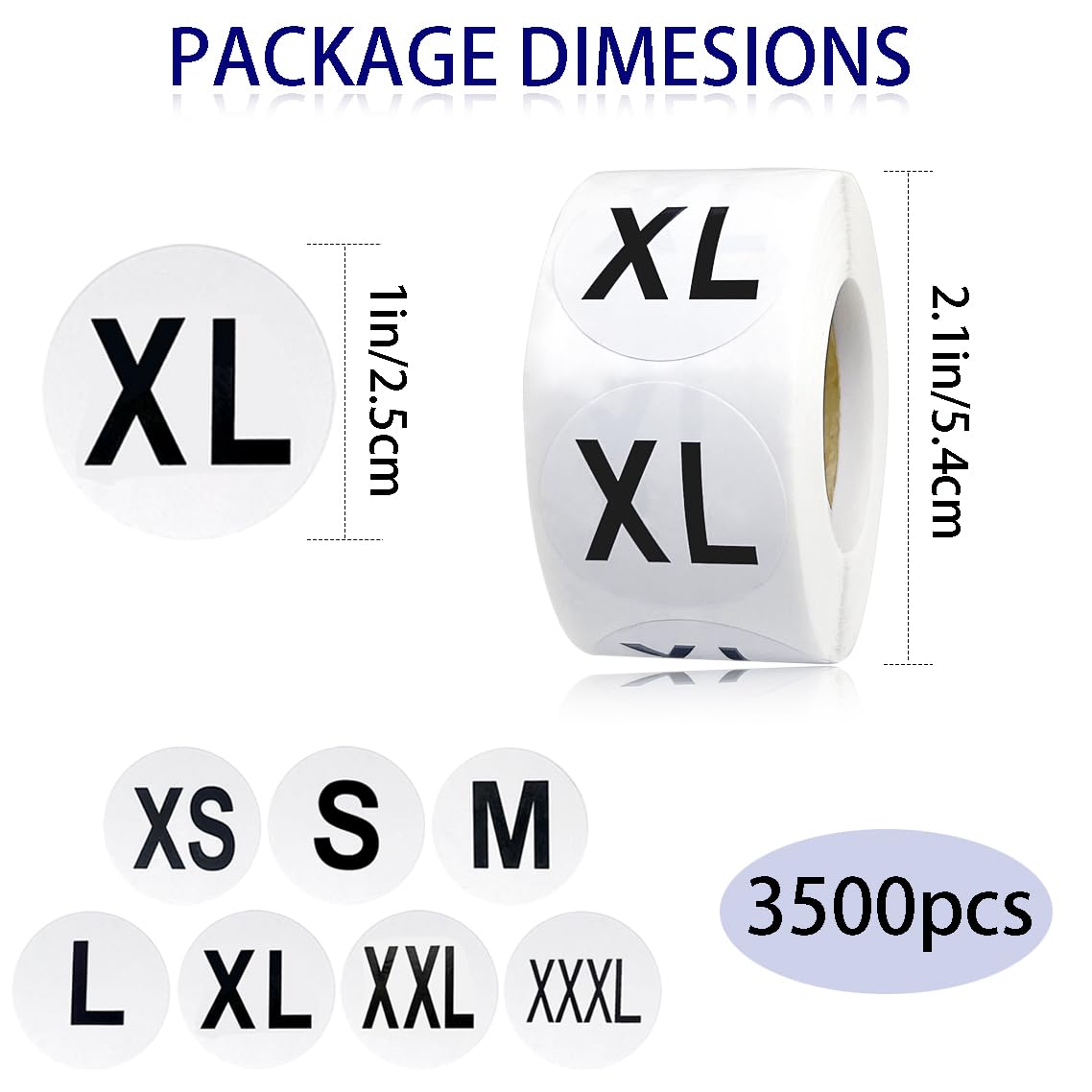 3500 Pcs Clothing Size Stickers, 1 Inch Round Self Adhesive, 7 Sizes XS-S-XXXL for T Shirts (Black)