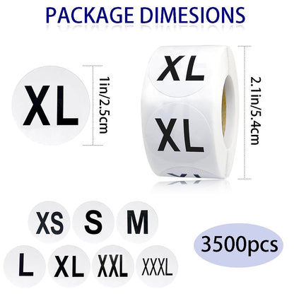 3500 Pcs Clothing Size Stickers, 1 Inch Round Self Adhesive, 7 Sizes XS-S-XXXL for T Shirts (Black)