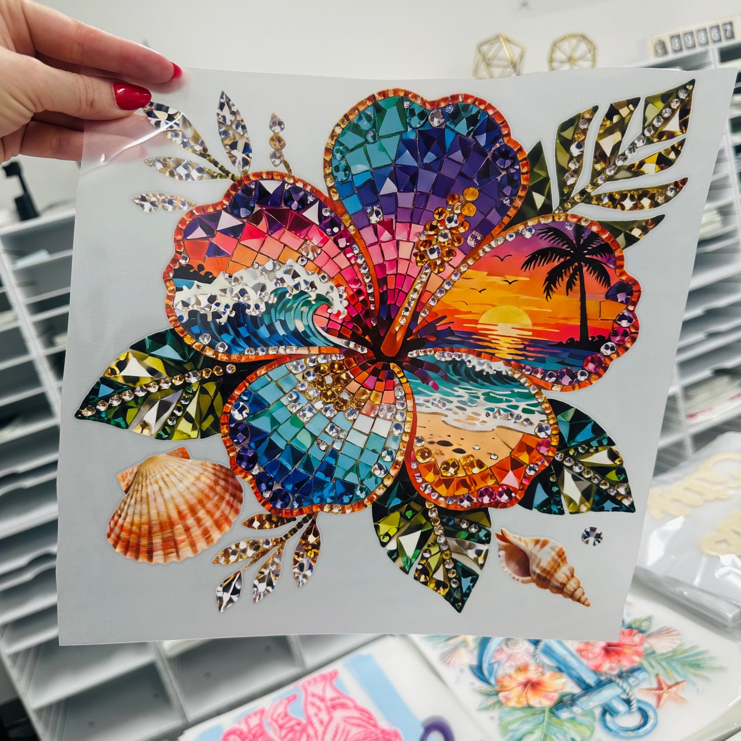 hibiscus beach gemstone clear film screen print