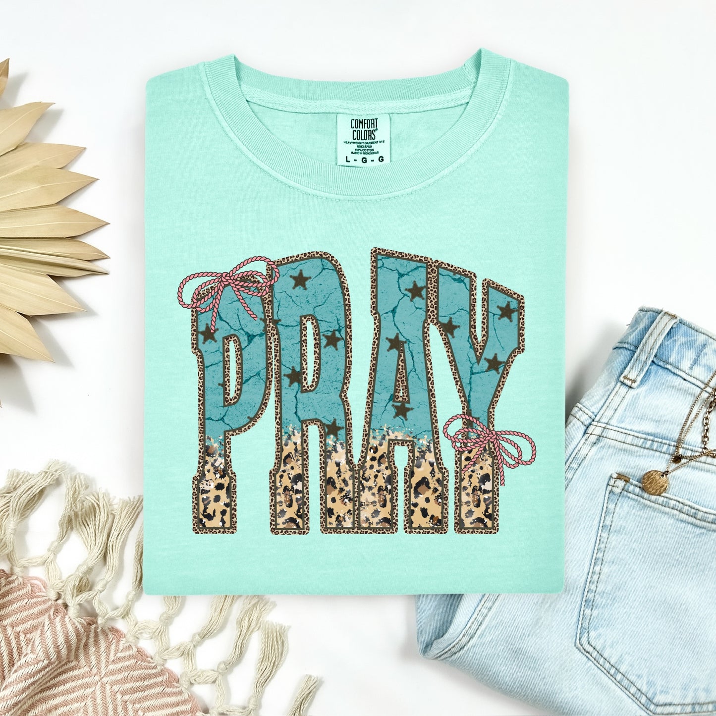 PRAY turquoise & leopard clear film screen print