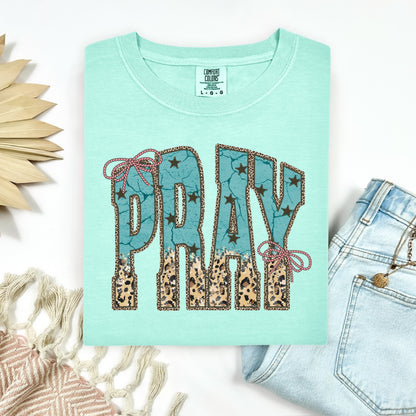 PRAY turquoise & leopard clear film screen print