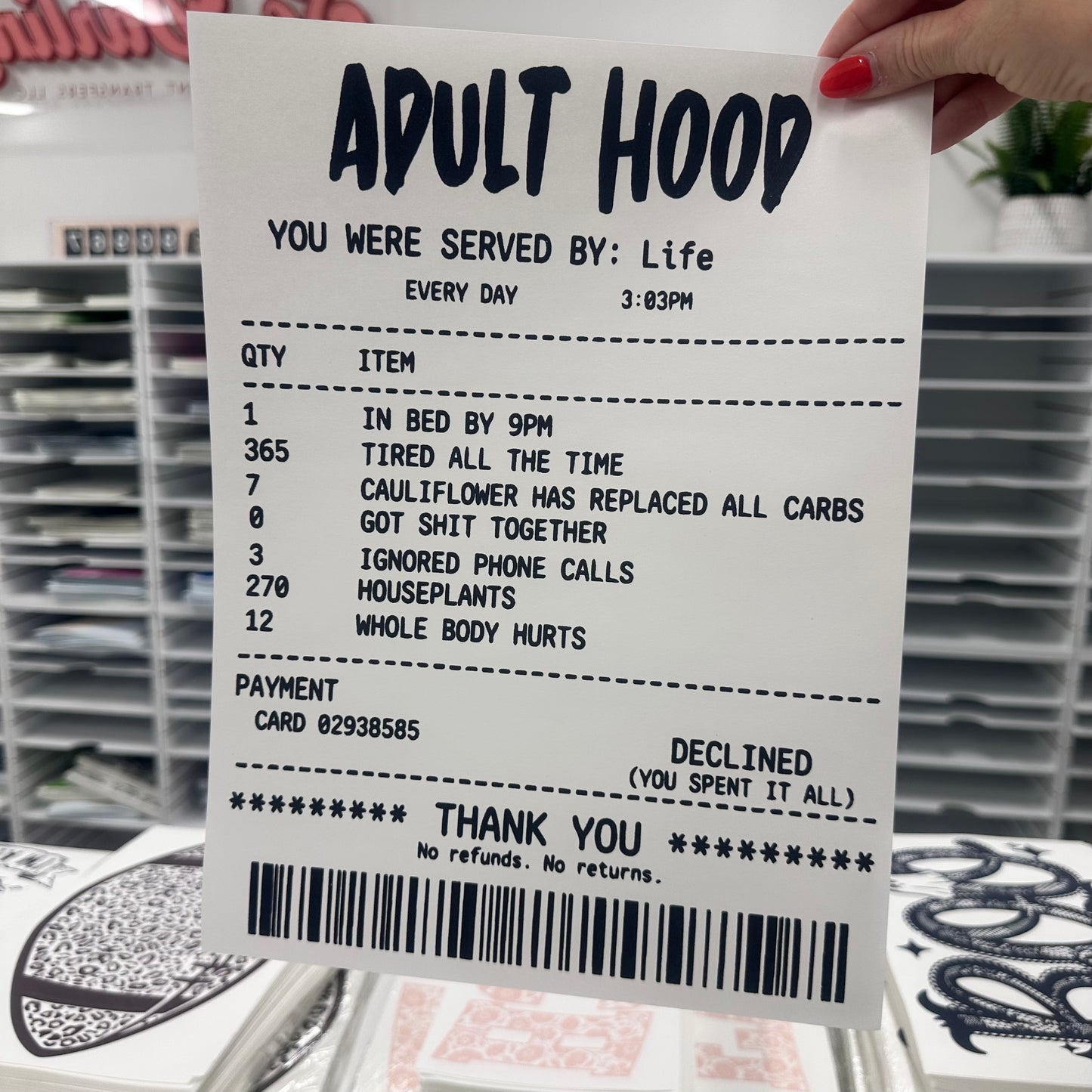 adult hood receipt screen print transfer•