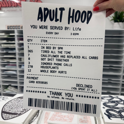 adult hood receipt screen print transfer•