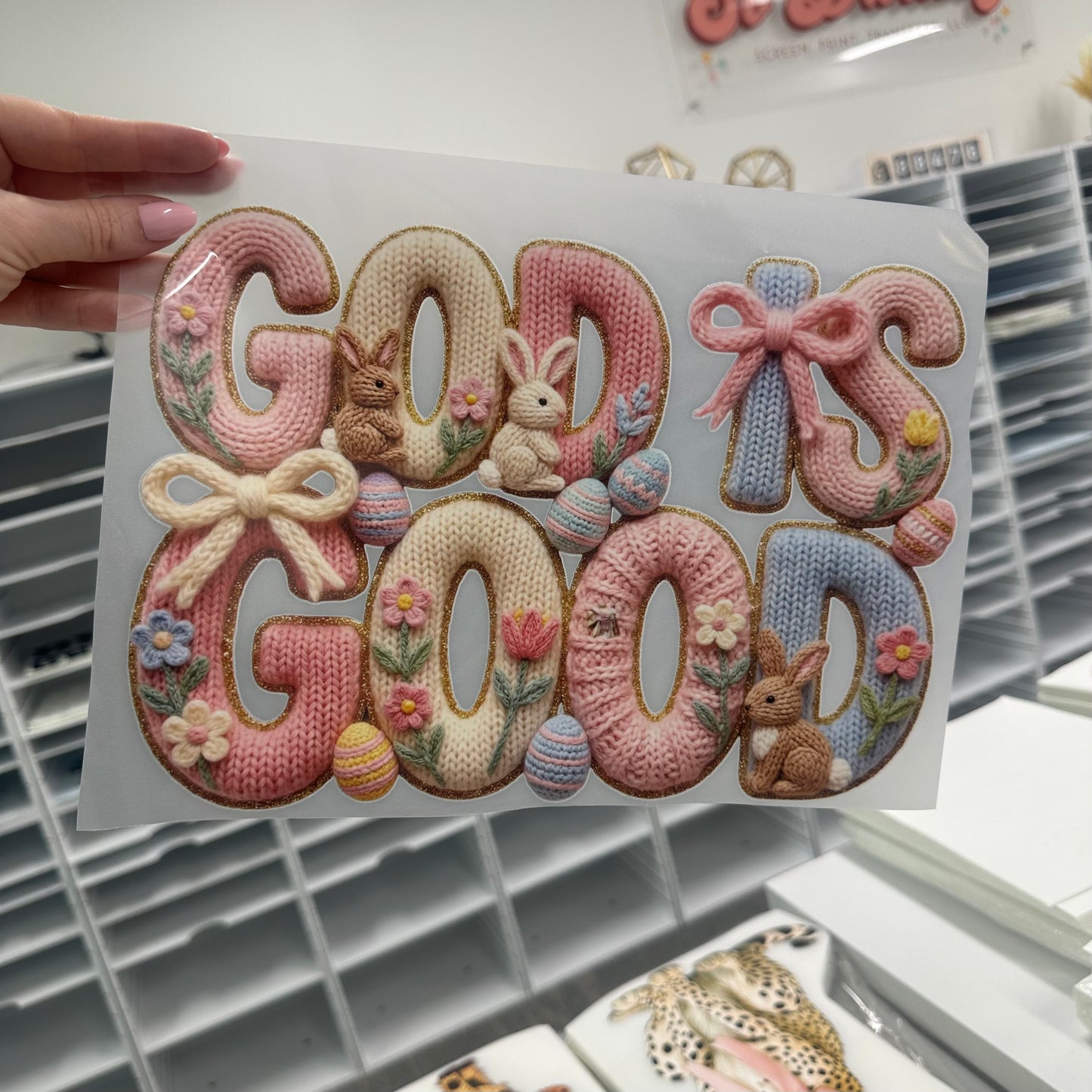 God is good faux yarn clear film screen print