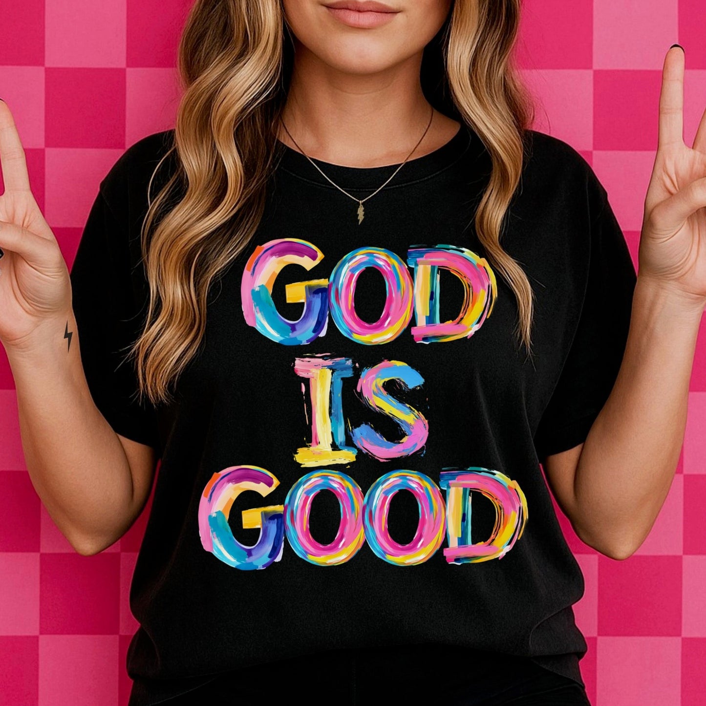 brushstroke GOD IS GOOD clear film screen print
