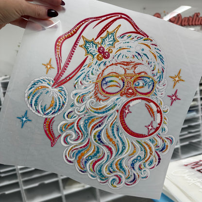 colorful santa knockout clear film screen print