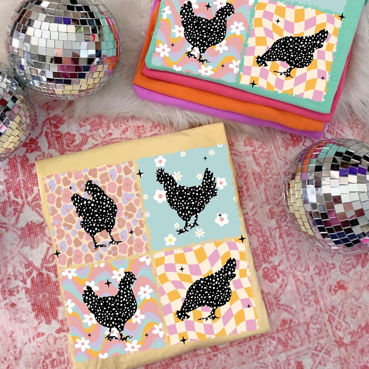 retro chickens clear film screen print