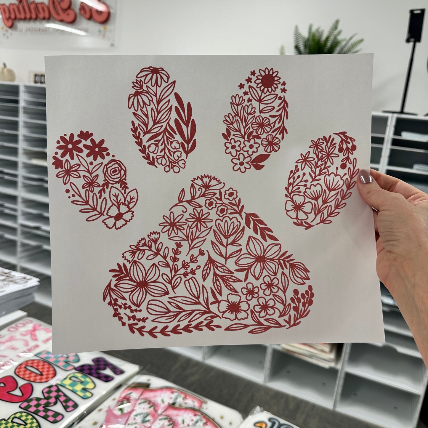 floral dog paw screen print transfer