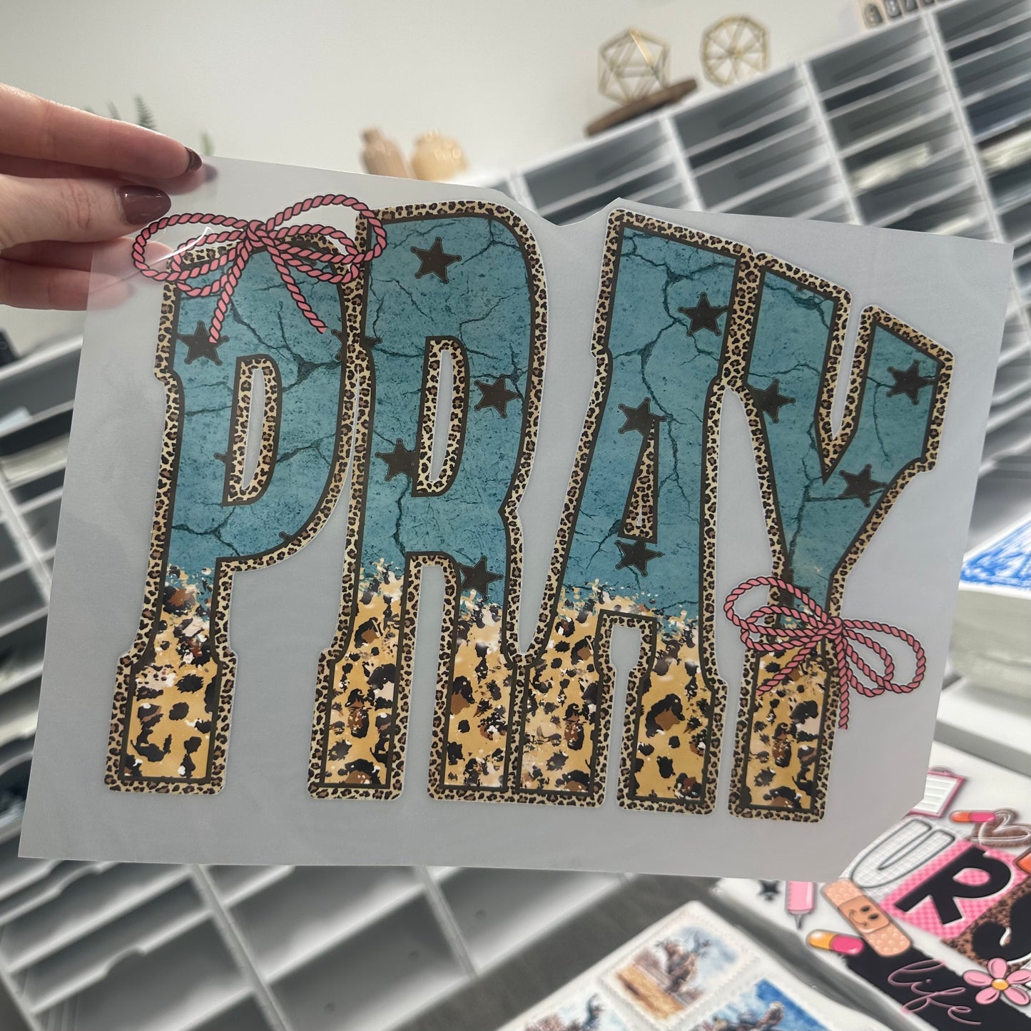 PRAY turquoise & leopard clear film screen print