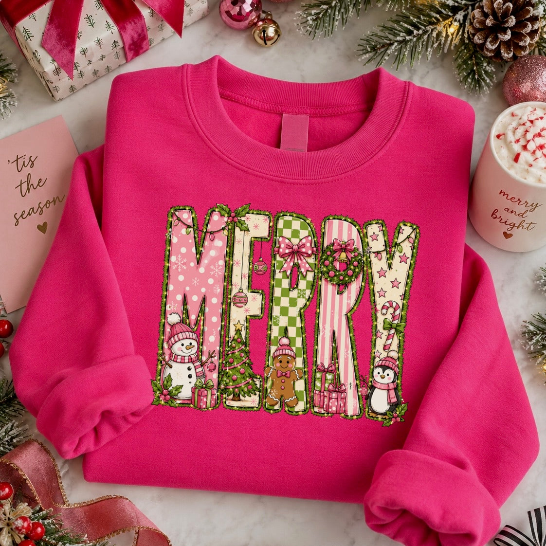 MERRY pink + green clear film screen print