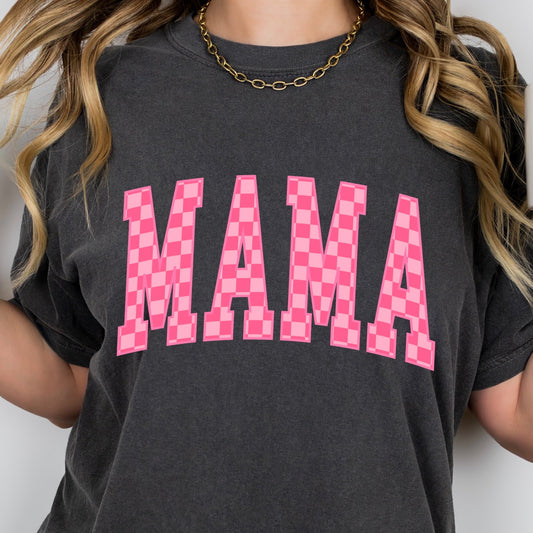 Pink checker MAMA clear film screen print