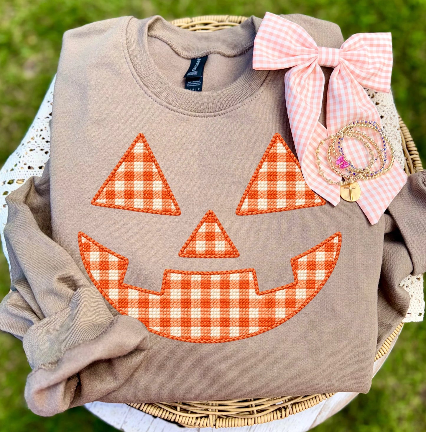 faux stitched pumpkin face clear film screen print