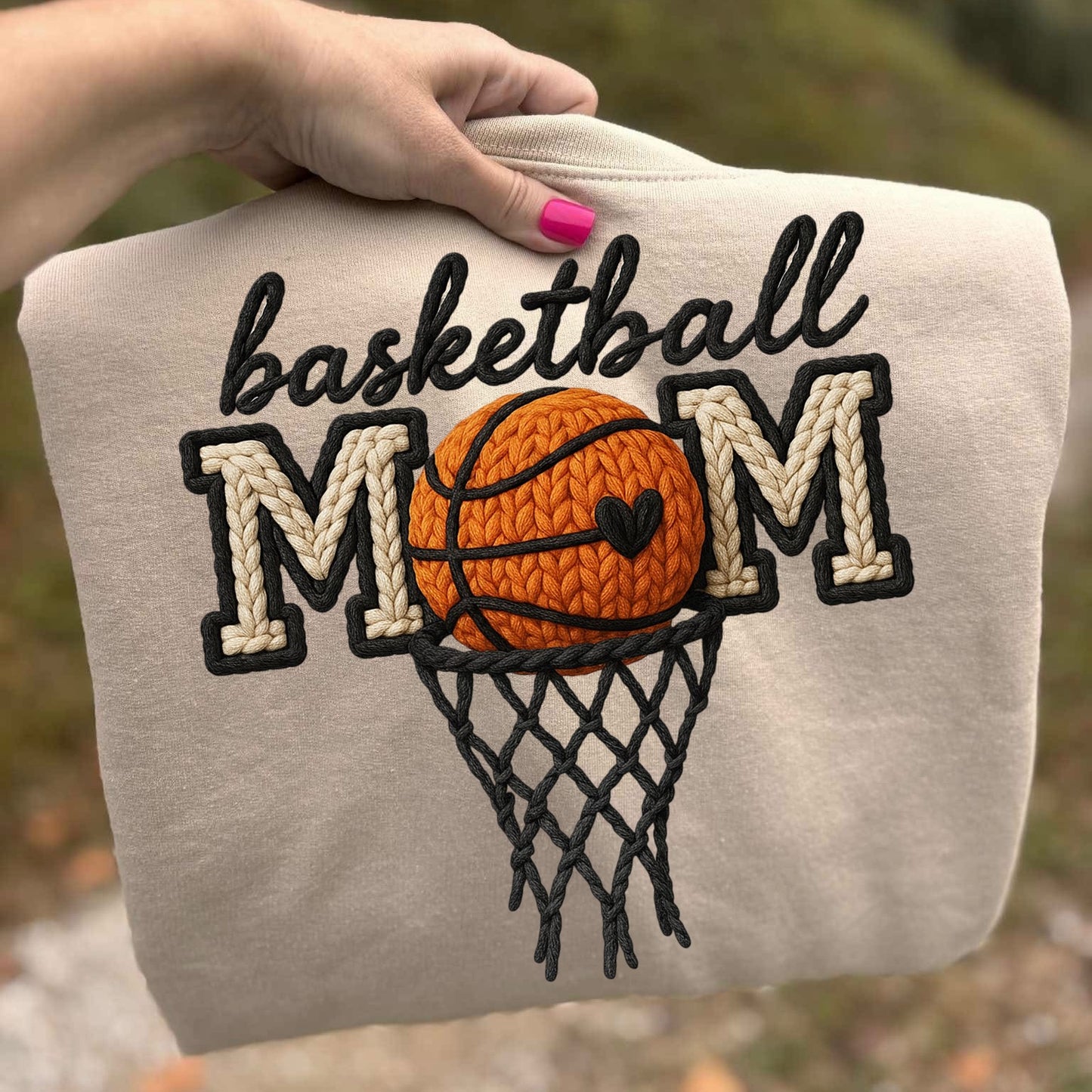 Basketball mom faux yarn clear film screen print